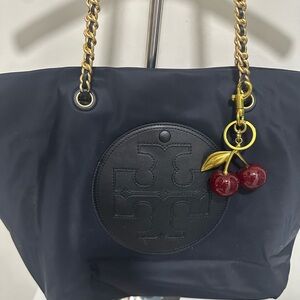 Tory Burch Black Ella Tote Bag with Gold Accents